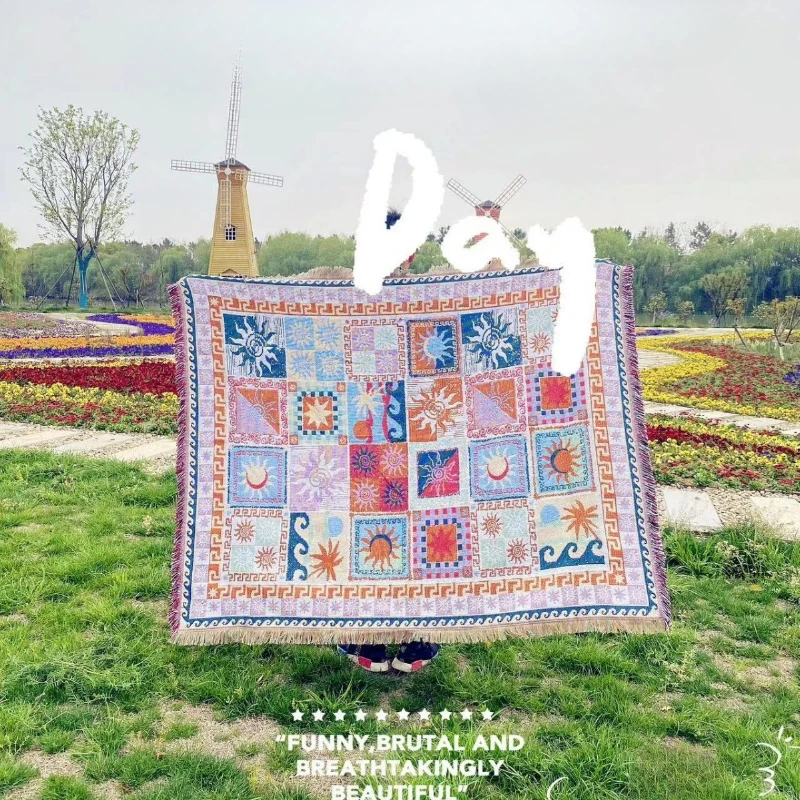Outdoor Blanket Portable Picnic Mat, Bohemian Picnic Reversible Cotton Linen Blanke,Camping Blanket Sofa Throw Beach Towel