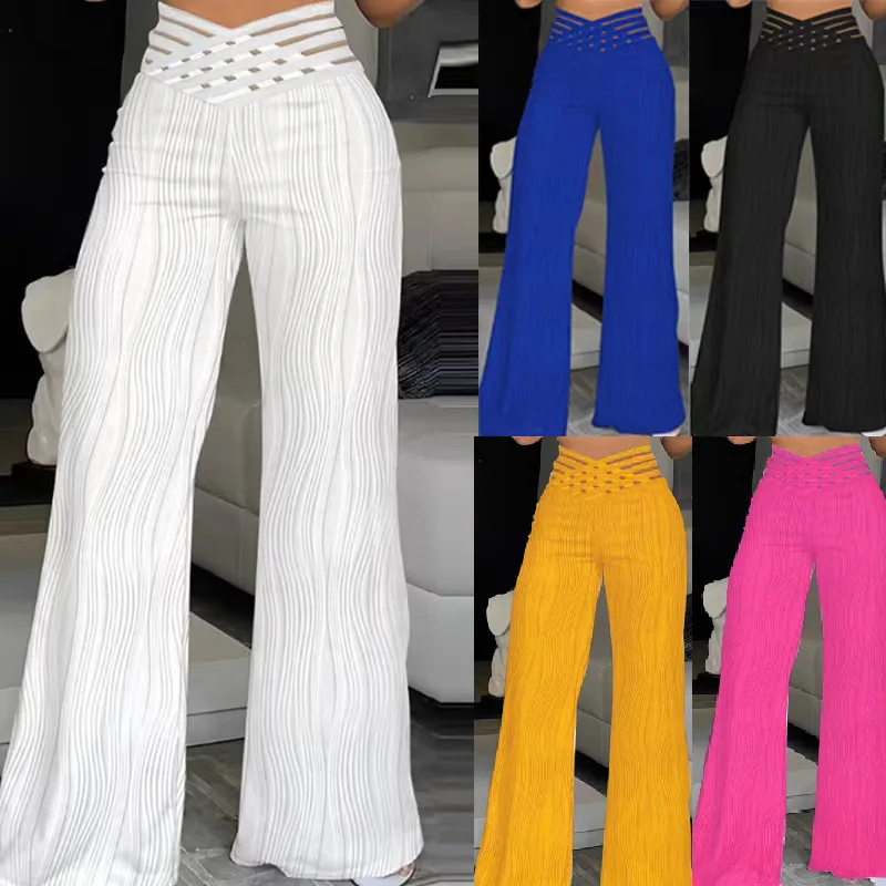 

Women's Cross-over Pants Pants 2024 Summer High Waist Casual Drape Pleated Hollow Water Ripple Wide Leg Trousers New