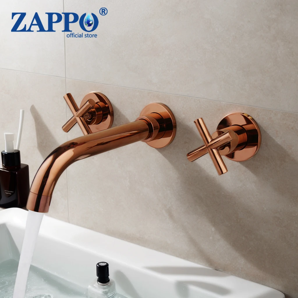 

ZAPPO Rose Gold Bathroom Faucet with Dual Handle Wall Mounted Faucets with 360 Swivel Spout Hot and Cold Water Mixer Tap Brass