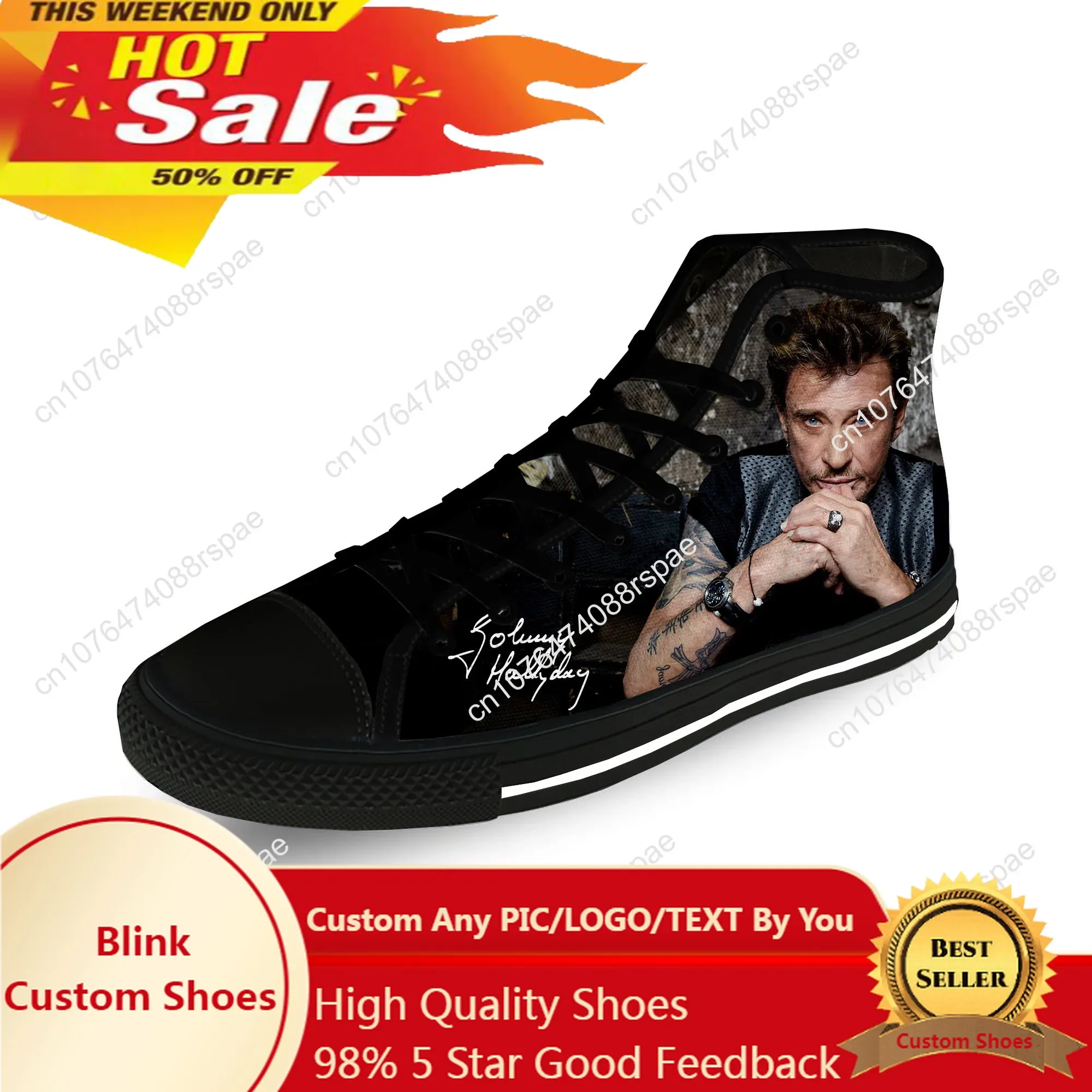 Johnny Hallyday sepatu kanvas pria wanita, sneaker kasual bersirkulasi udara, sepatu kanvas tinggi motif 3D kain ringan motif bintang Rock