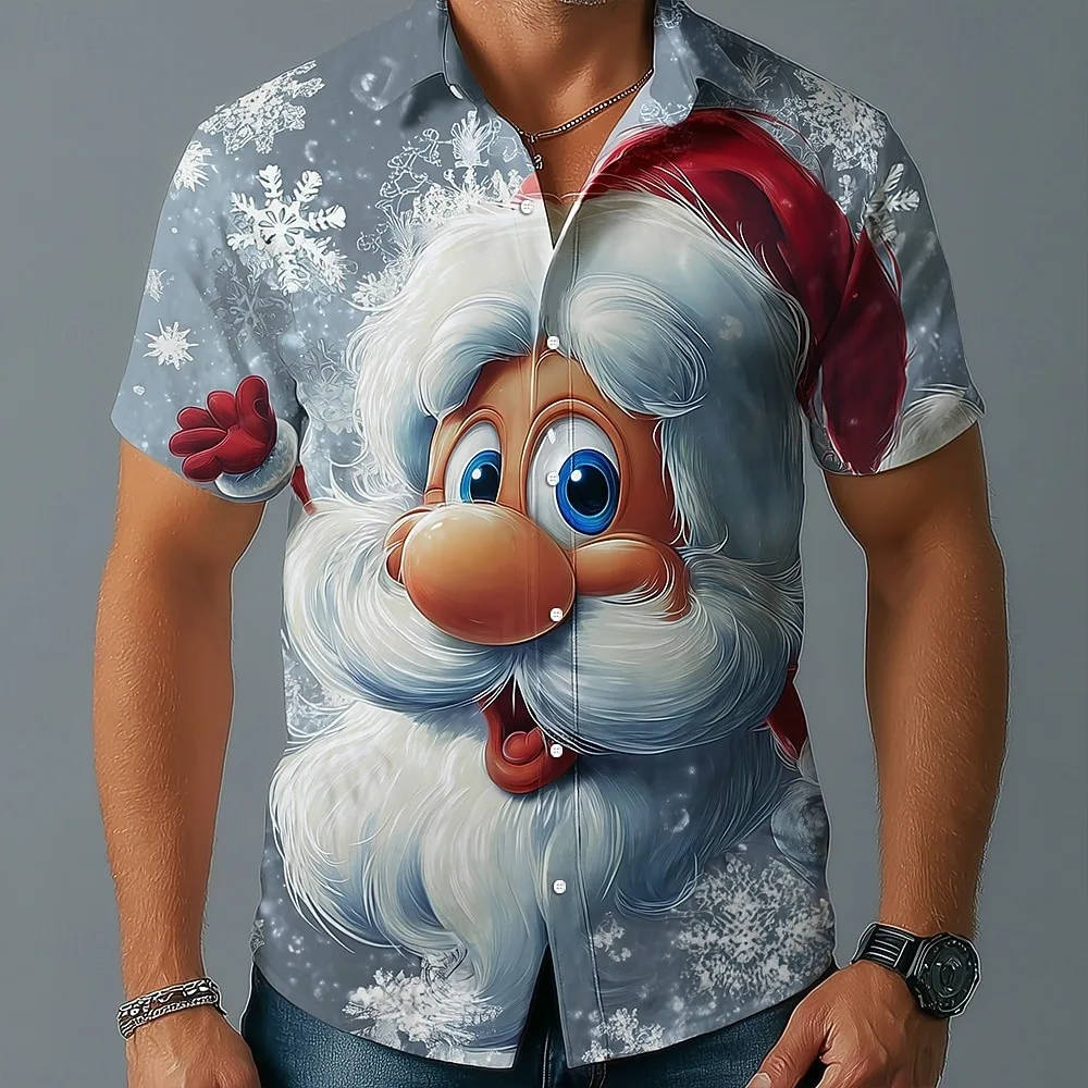 Christmas Men's Cartoon Santa Claus Snowflake Shirt short Sleeve Fun Outdoor Festival Spring and Autumn 3D Printed Lapel Shir to