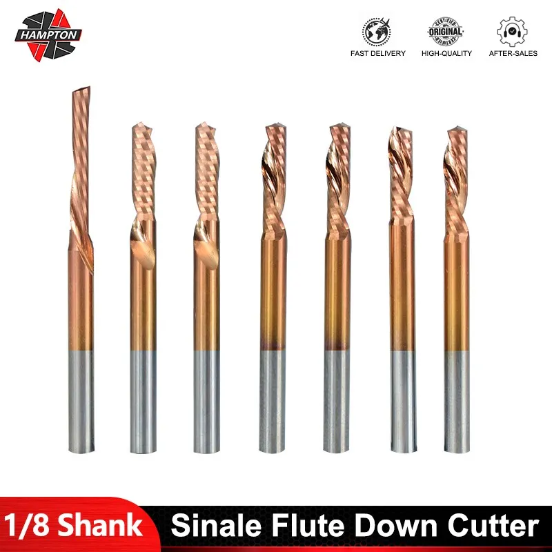 

Milling Cutter 1/8 Shank Carbide End Mill TiCN Coated 1 Flute Down Cut Router Bit for Woodworking Tool CNC Cutter