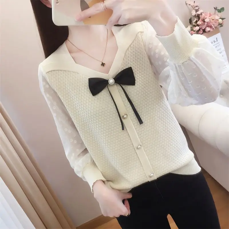 

Sweet V-Neck Polka Dot Gauze Spliced Knitted Bow Blouses Women's Clothing 2024 Spring Summer New Loose Casual Tops Korean Shirts