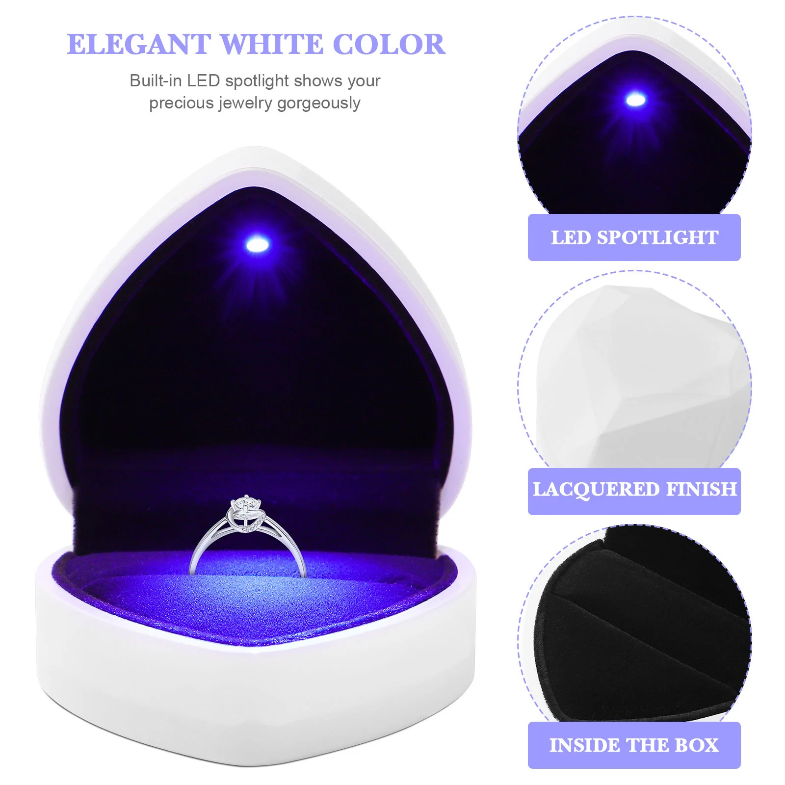 

Heart Shape Ring Box White Led Lighted Jewelry Storage For Wedding Proposal Valentines Day Gift Lined