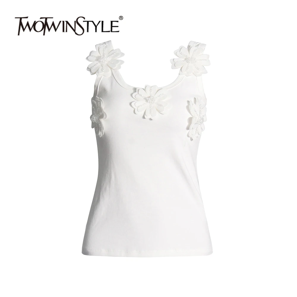 

TWOTWINSTYLE Solid Patchwork Appliques Slimming Tank Tops For Women Round Neck Sleeveless Minimalist Vest Female Fashion Style