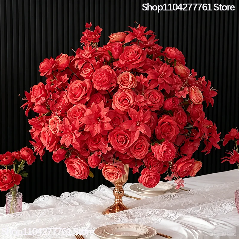 Grüne Burgunderrote Künstliche Blumenarrangements Anthurium Hortensie Orchidee Tischdekoration Blumenball Hochzeit Esstisch Blumendeko – Detail 4