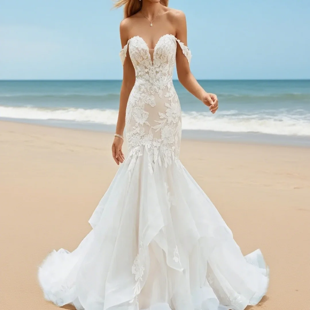 

Customized fashionable off-the-shoulder style wedding dress, with water-sleeve decoration, bridal formal dress