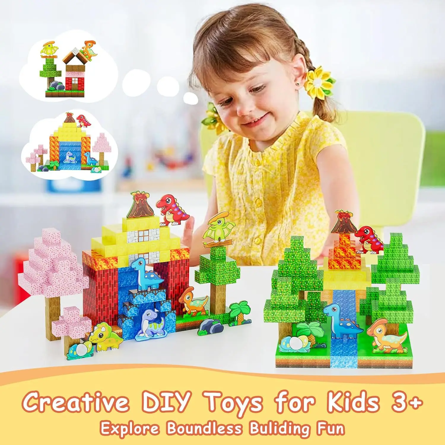 Conjunto de telhas magnéticas do parque de dinossauros-brinquedos de aprendizagem de haste para crianças, blocos de construção montessori brinquedo educacional de montagem diy