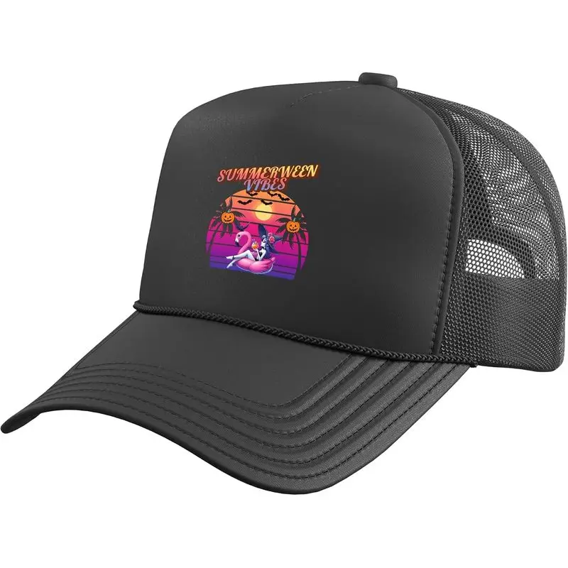 Summerween Vibes Witch Flamingo Float, Witch Summerween Vibe Trucker Hat with Adjustable Mesh Back