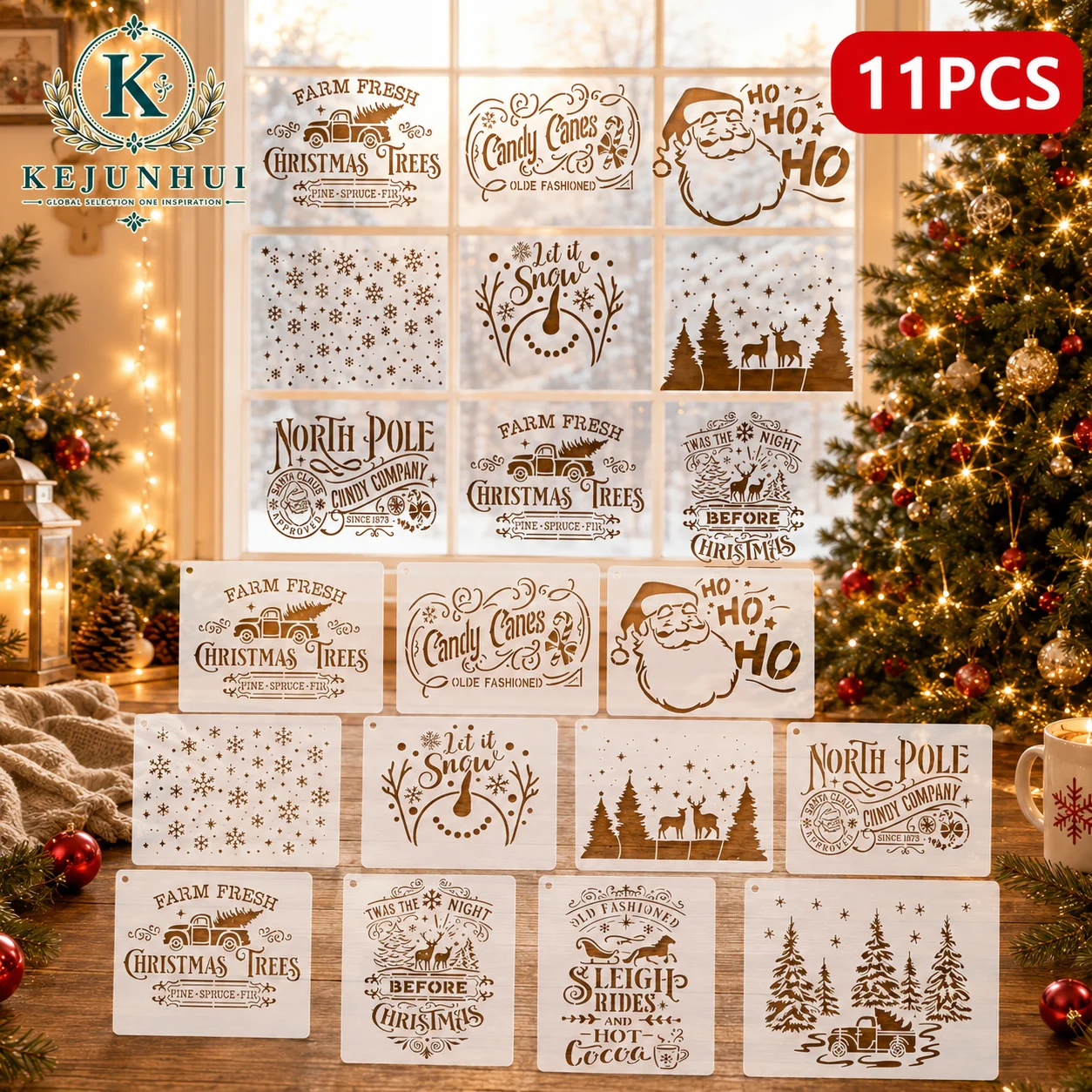 11Pcs Christmas Window Stencils Reusable PET Xmas Farmhouse Painting Templates DIY Wood Sign Wall Glass Scrapbook Holiday Decor