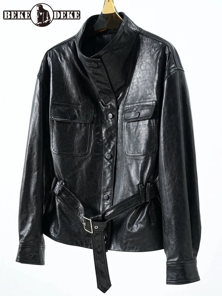 Streetwear Ladies Single-Breasted Belt Genuine Leather Jackets Solid Color Stand Collar Long Sleeves Sheepskin Outwear