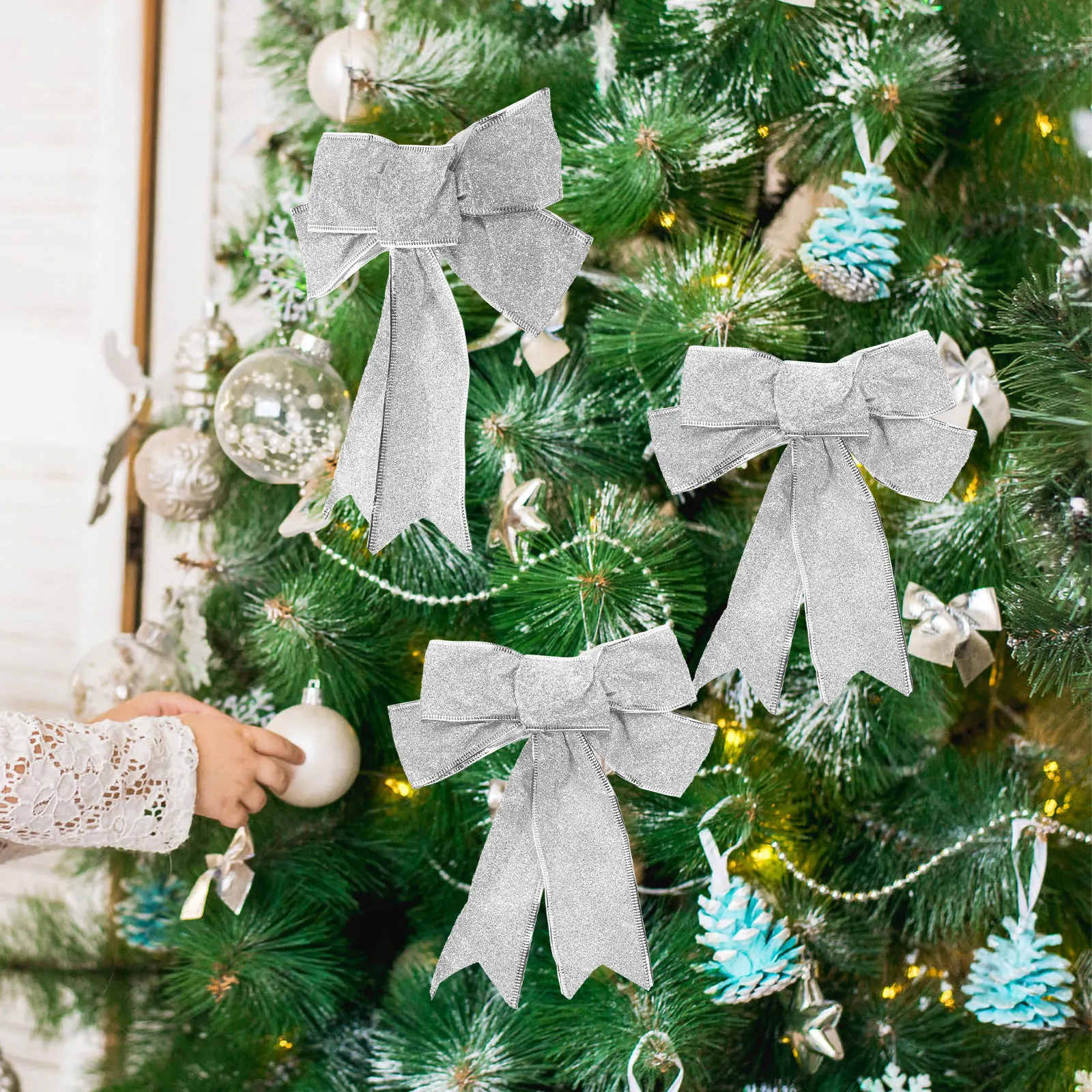 

5pcs Glittering Fabric Christmas Bow Gift Knot Ribbon For Tree Presents Decoration Silver Bows Ornaments Party Diy Decor