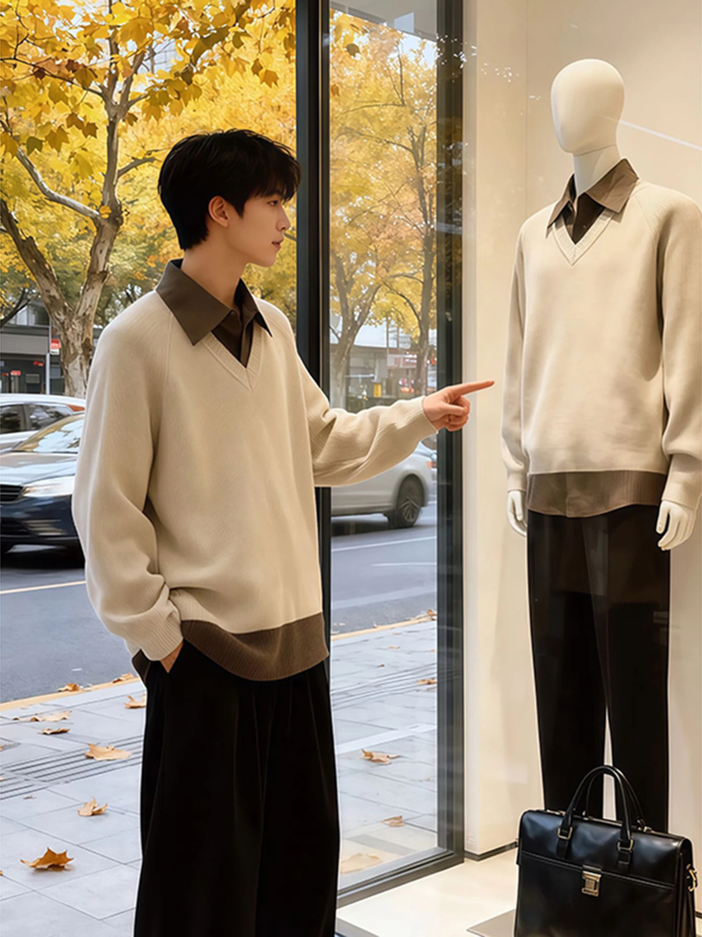 

Мужской вязаный свитер цвета хаки с эффектом двухслойности, осенне-зимний, с воротником, в стиле кэжуал, высококачественная верхняя одежда для пар, комфортный, из полиэфирного волокна