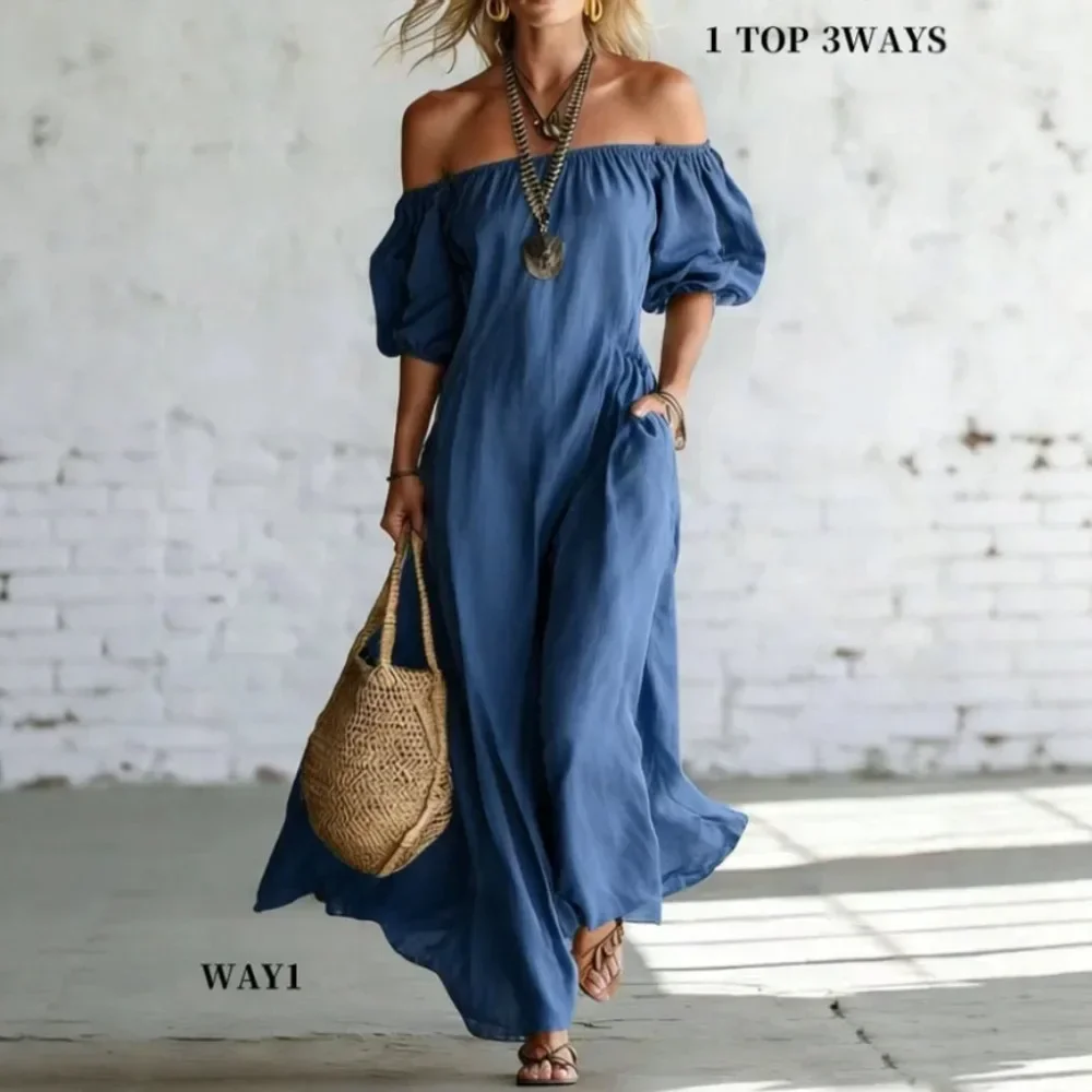Women Solid Color Off Shoulder Loose Fit Vintage Long Dress Elegant Casual Daily Fashion Soft Breathable Flattering Comfy New