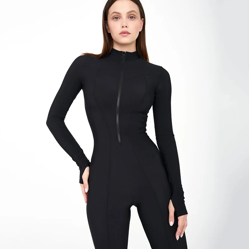 

Women Solid Fitness Skinny Jumpsuits Fashion O-neck Long Sleeve Zipper Slim Casual Sport Overall Fall Winter Ladies Yoga Rompers