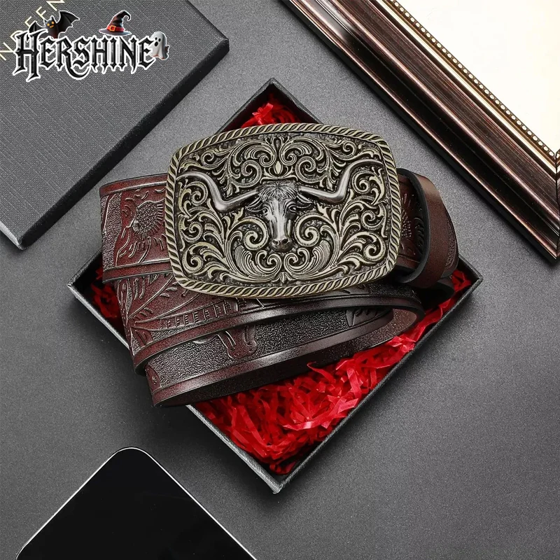HERSHINE 1 piece cow head print retro belt Western cowboy storm West Asian style unisex style for both men and women Halloween