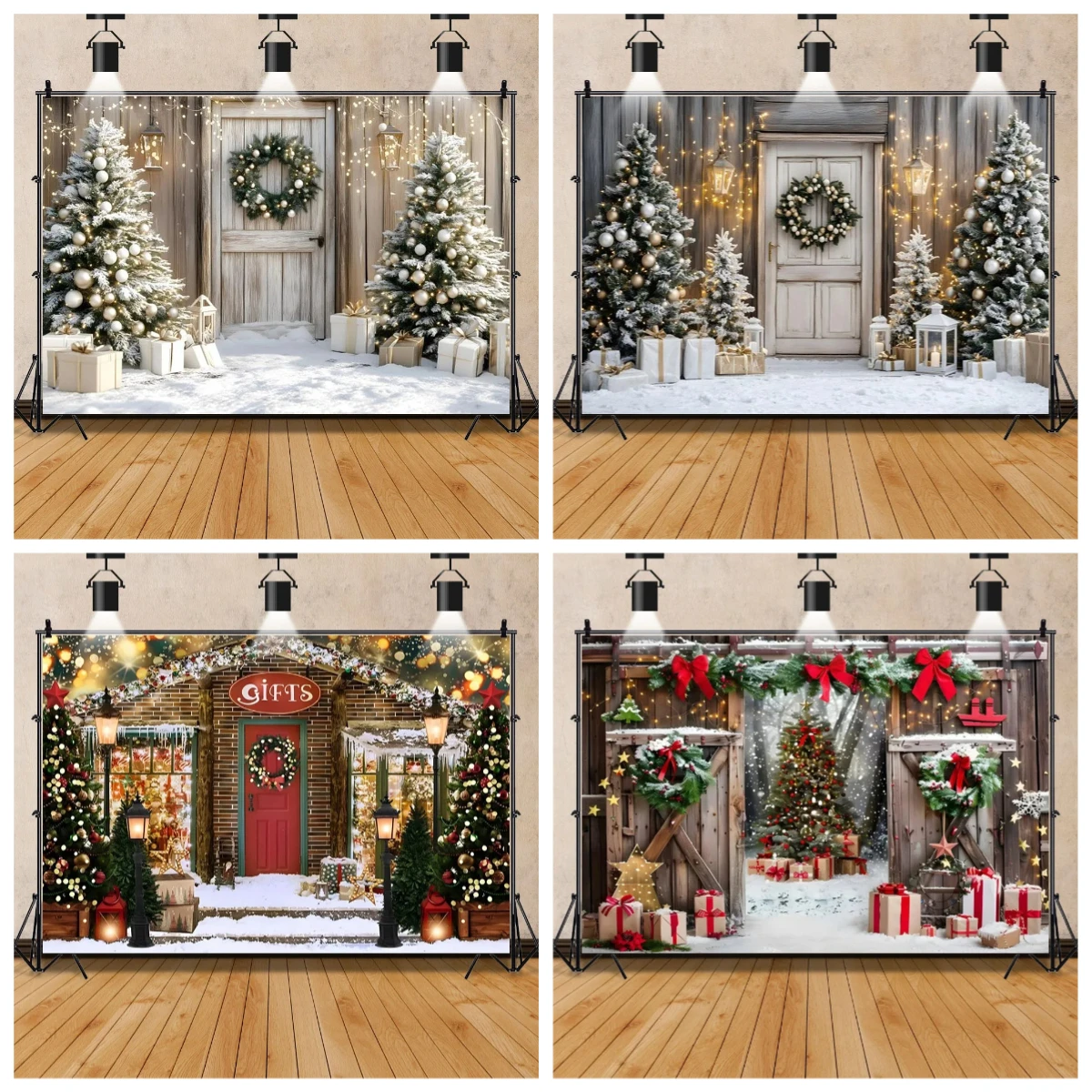 

Christmas Wood Barn Door Photography Backgrounds Christmas Tree Gift Village Holiday Party Family Kids Photo Backdrops Studio