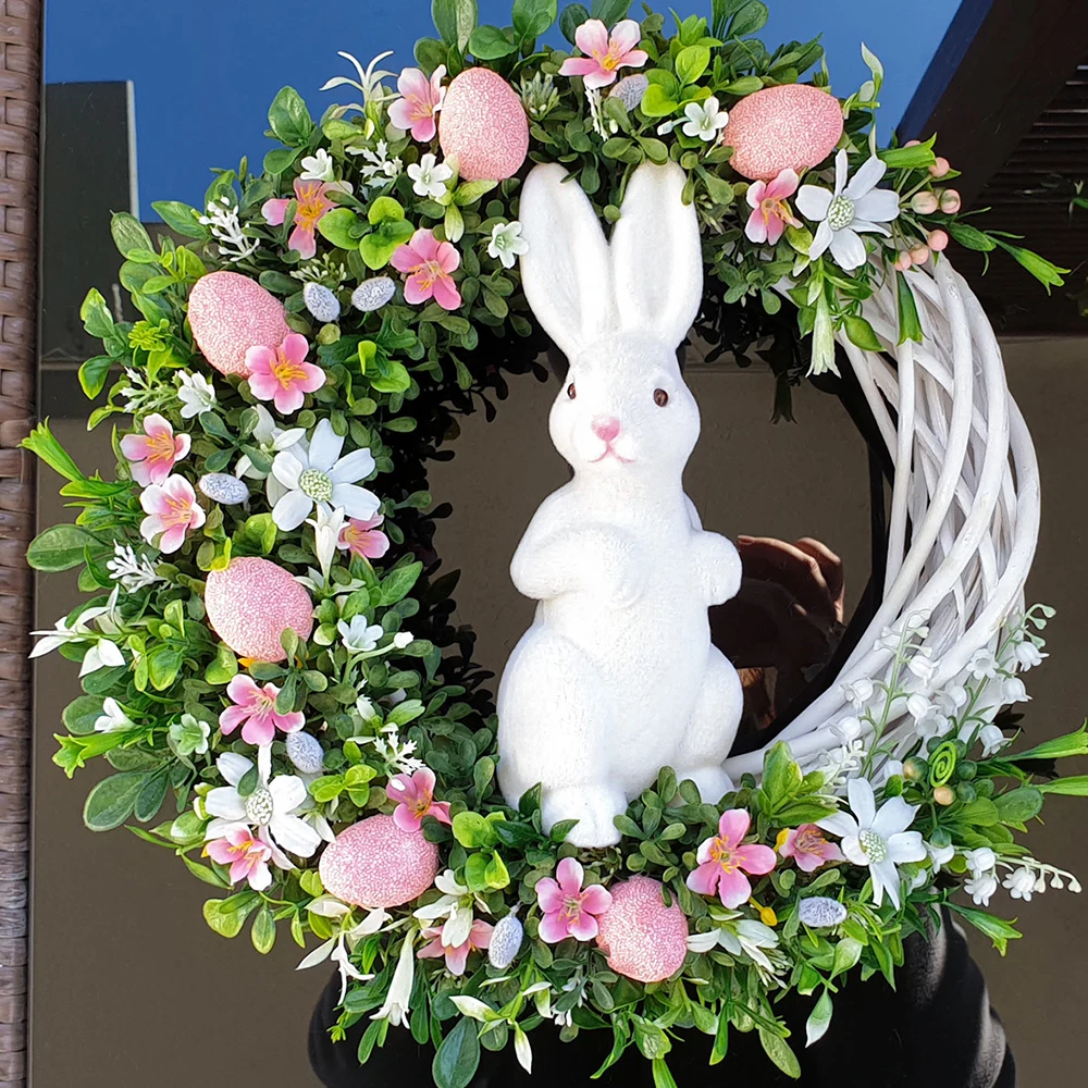 

25cm Acrylic Easter Eggs Ratten Wreath Rabbit Bunny Eggs Easter Party Decoration Flower Garland Door Hanging Decoration