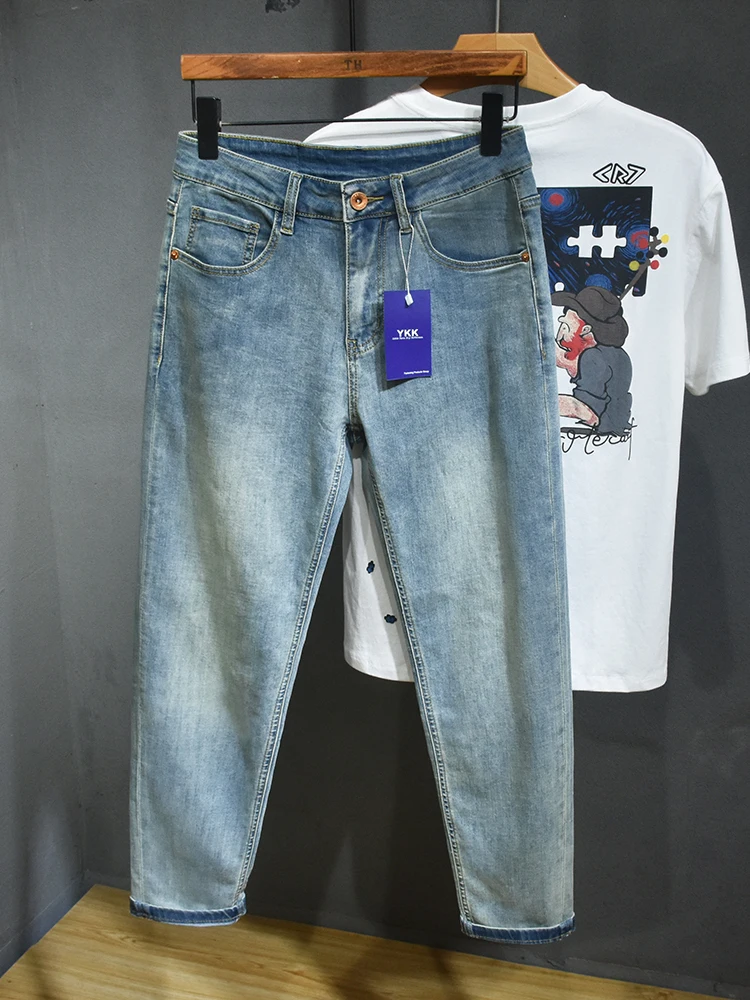 الرجعية الأمريكية Waed الضوء الأزرق مطاطا تسعة عشرات الرجال ضئيلة مستقيم رقيقة الدينيم الجينز العلامة التجارية العصرية عارضة القطن تمتد