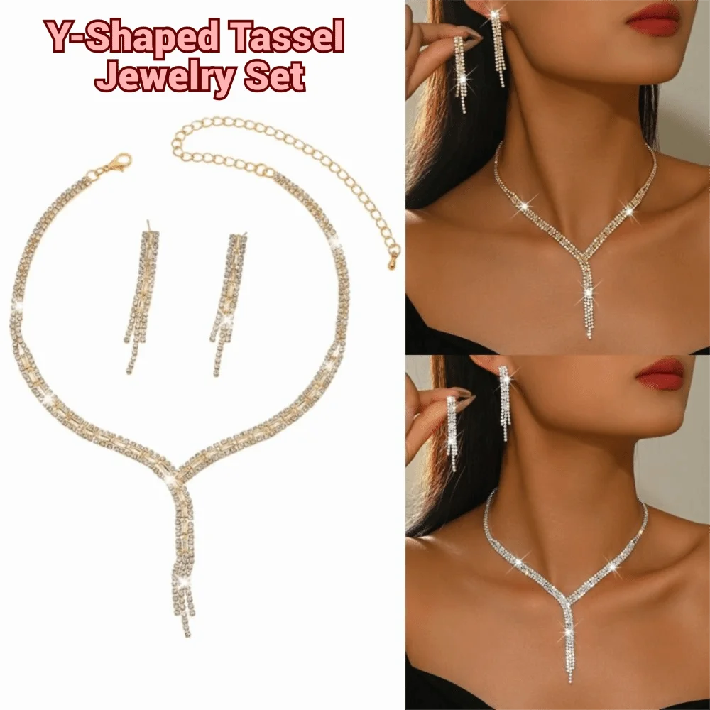Elegant Y-Shaped Tassel Jewelry Set Luxurious Retro Necklace and Dangling Earrings Exquisite Rhinestone Necklace Earrings Set