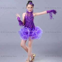 Kids Girls Sequin Fringe Latin Dance Dress For Girls Children Salsa For Competition Skirts Costumes Ballroom Dancing Dresses