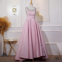 Pink Prom Dress Elegant Square Neck Sleeveless Crystals Pocket A Line Satin Evening Dress Custom Design Saudi Arab Party Dresses