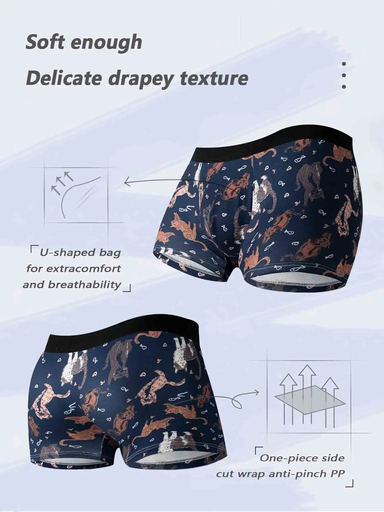 Men's cartoon cat underpants single pair of cute and comfortable close to the body, soft and breathable boxer shorts
