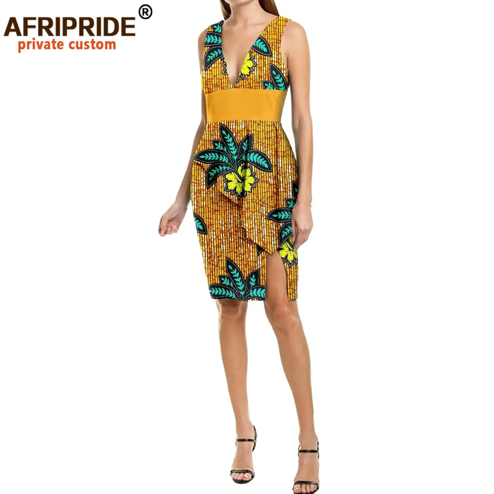 

2024 Summer African Dresses for Women Party Print Elegant Dress for Lady Sexy Fashion Casual Dress with Belt Wax Attire A2125011