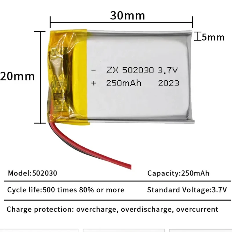 502030 Li-Polymer Battery 3.7V 250mAh Polymer Rechargeable Li-ion Batteries Ph-2.0mm for Bluetooth Headset Car Recorder Car Toys