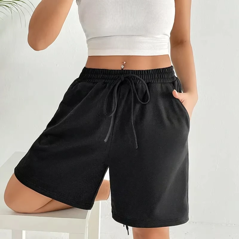 شورت جيب مائل بخصر برباط مع خصر مرن شورت رياضي فضفاض مناسب مريح من القطن الخالص ملابس الشارع النسائية