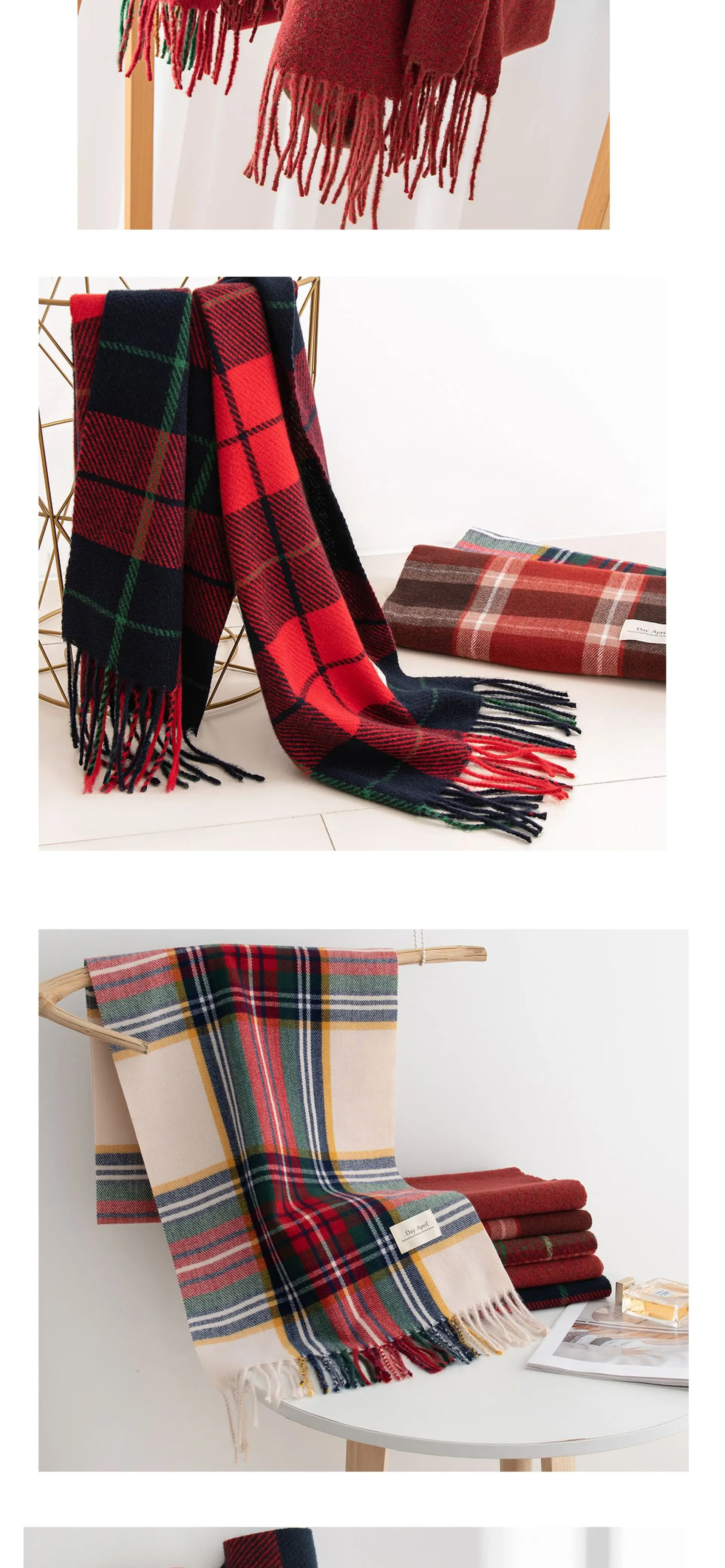Weihnachtsroter Schal für Frauen, Kaschmirimitat, kariert, bedruckt, Plüschschal, Trend, hochwertiger warmer Schal, Quastenschals – Detail 8