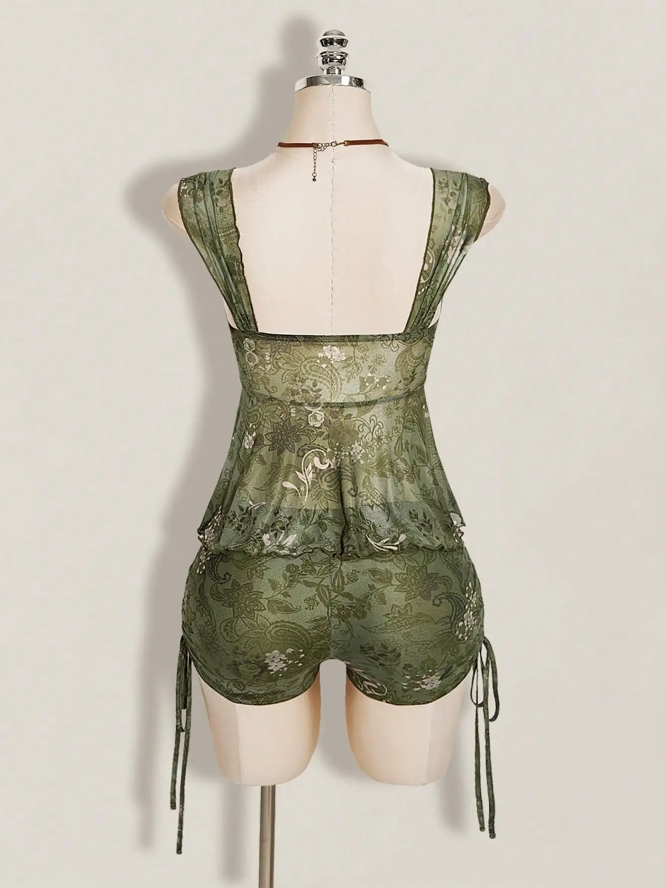 2-Piece Boho Floral Print Set, Ruched Tie Strap Cami & Drawstring Waist Shorts, Summer Vacation Going Out Beige Outfit for Women