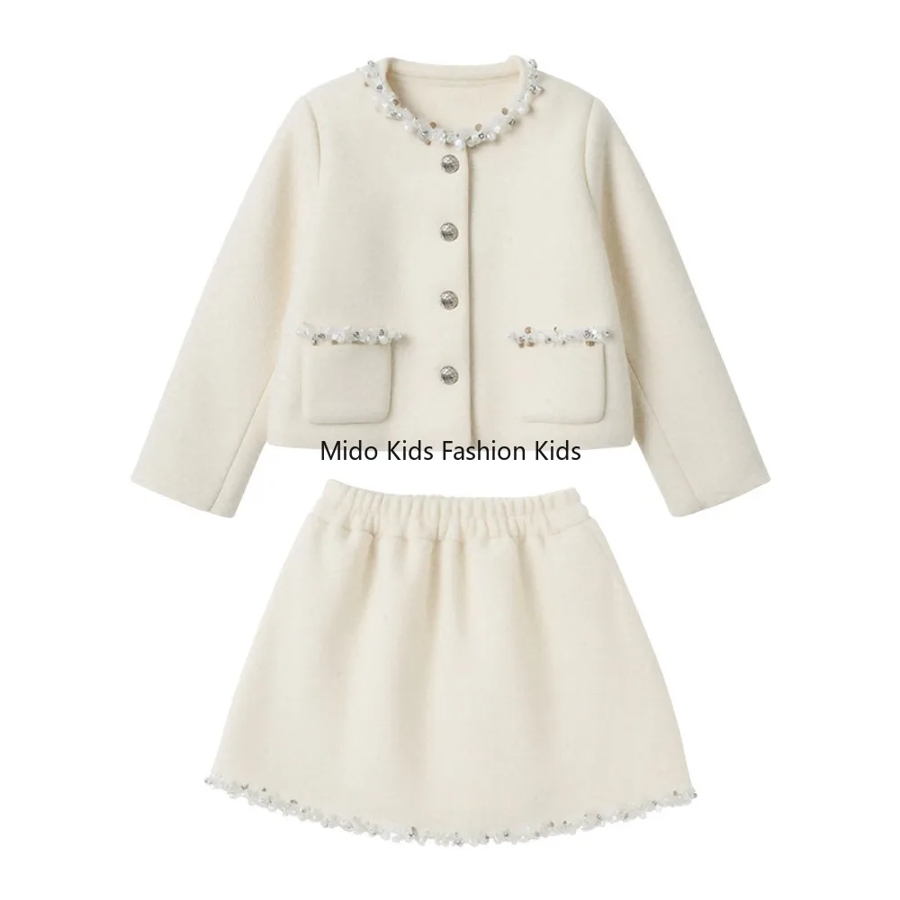 4-16Y French Fashion Red/white Girls Winter Outfit Pearl Thick Cotton Coat Skirt 2Pcs High End Kids Clothes Set 120-170cm