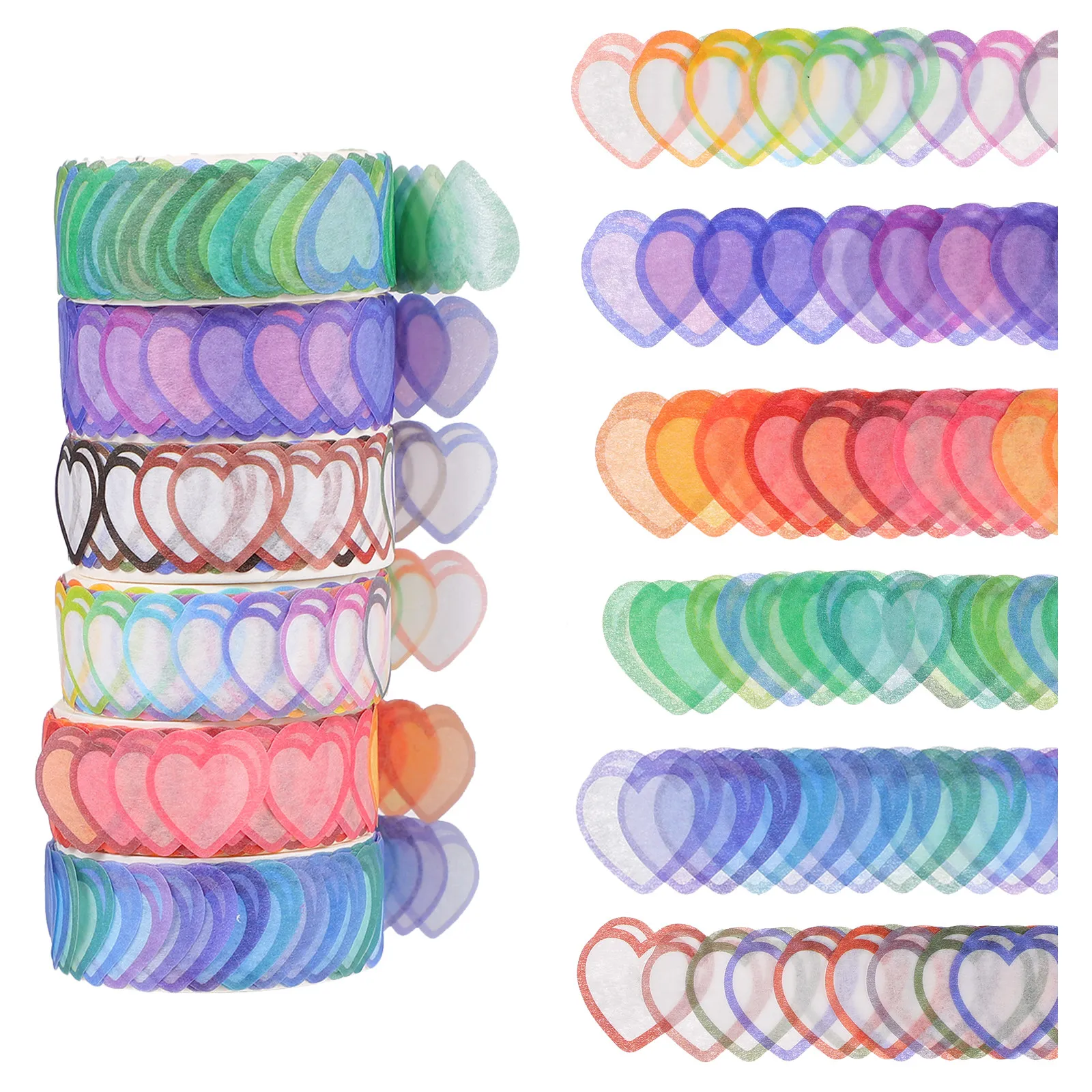6 Rolls Heart Pattern Washi Tape Lightweight Easy Cut Residue Free Decorative Tape for Daily Planner Organizer Books Packaging