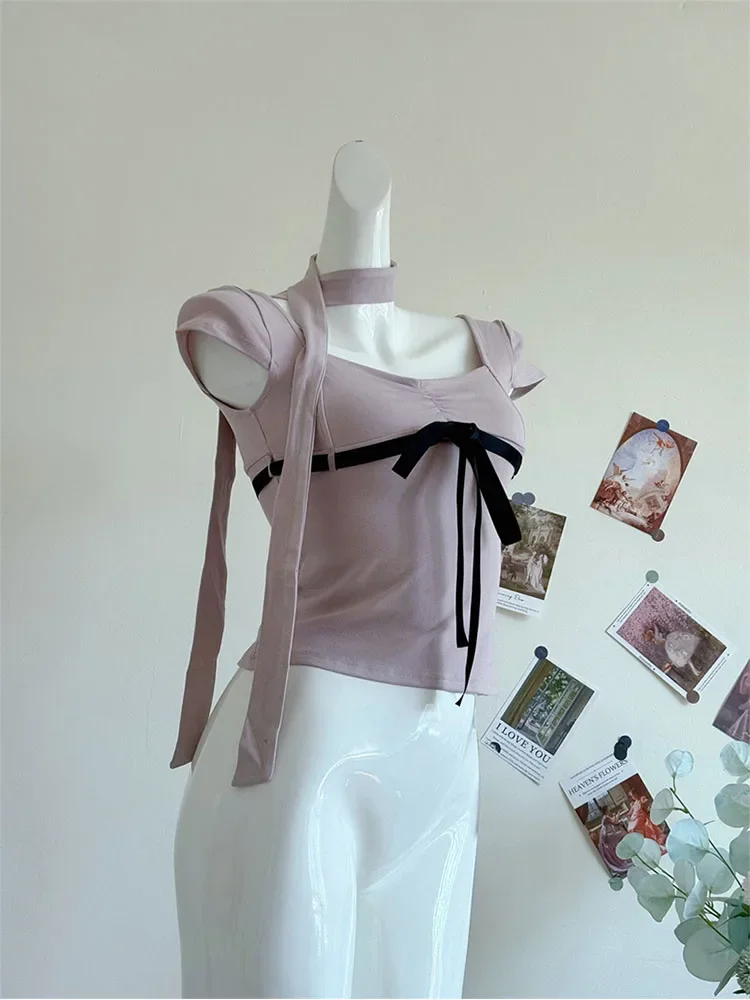 

Women Chic Slim Tees Gyaru Bow Crop Top Hot 2000s Aesthetic Streetwear Preppy Style Korean Fashion Square Collar T-Shirts Slime
