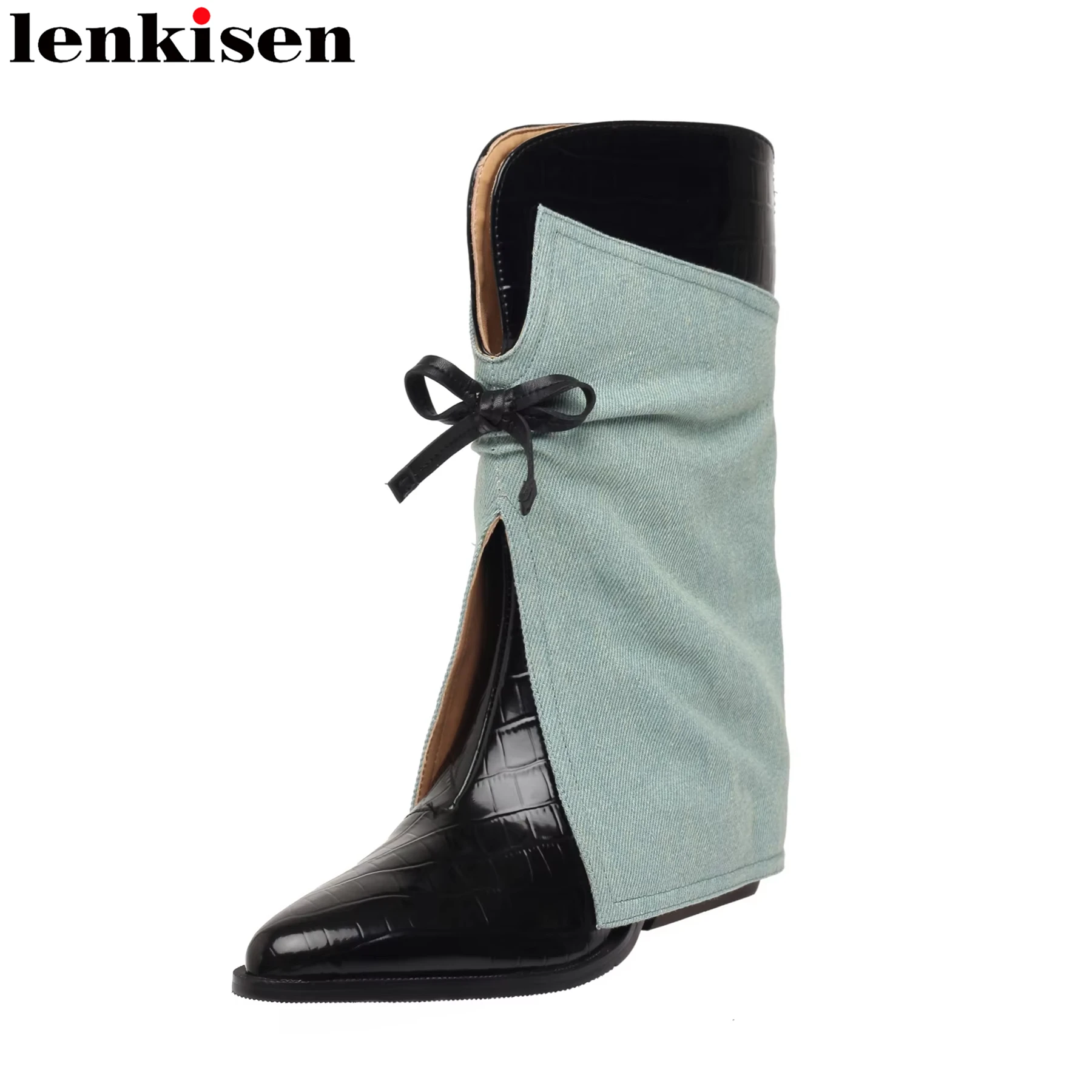 

Lenkisen Big Size Cow Leather Denim High Heels Western Boots Winter Warm Shoes Butterfly-knot Brand Casual Women Mid-calf Boots