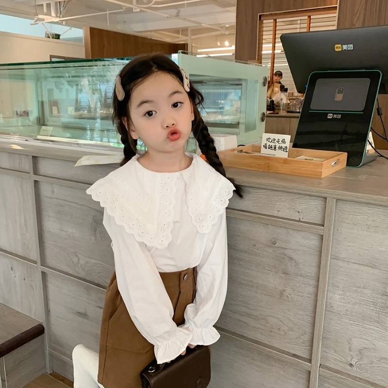 Girls' shirt brown skirt 2024 new autumn lace lapel sweet cute Korean style trendy all-matching comfortable