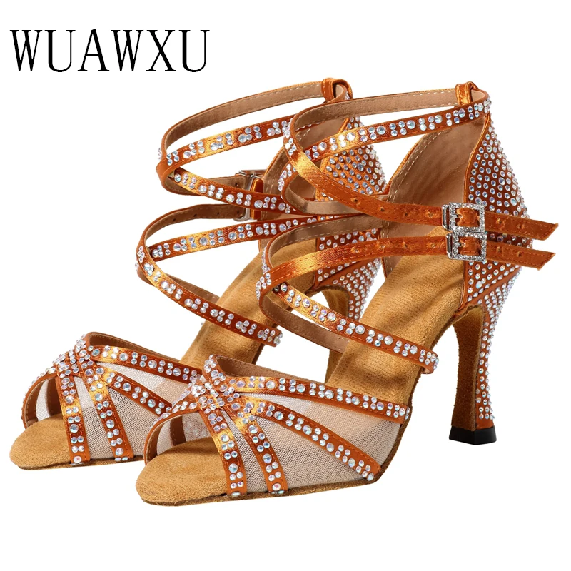 New Bronze Inlaid Diamond Latin Shoes Women's High Heel Dance Shoes Professional Soft Sole Dance Shoes Sandals Square Dance Shoe