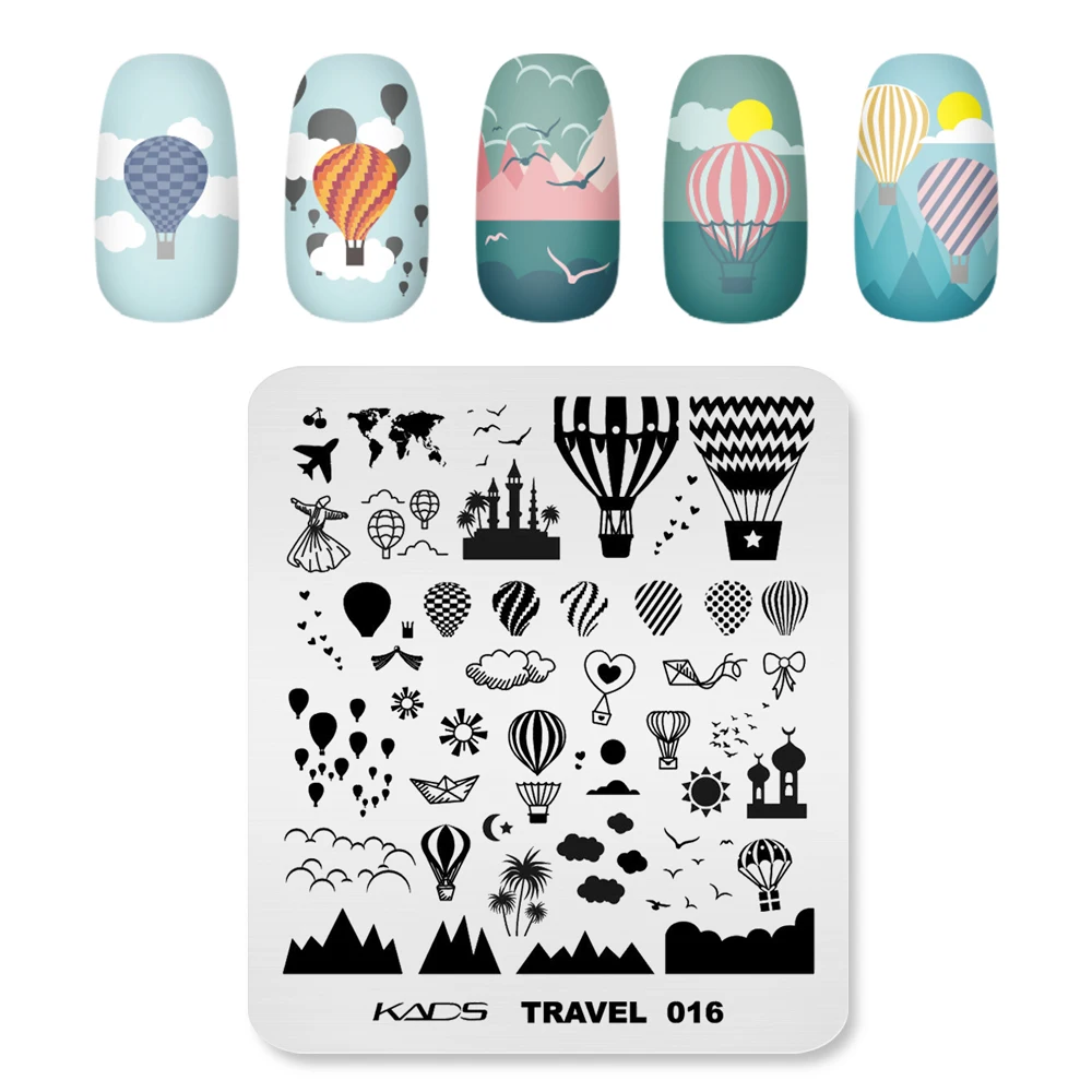 KADS Stamping Plates For Nails Travel 016 Cloud Coconut Palm Sun Kite Pattern Stamp Template Design Stainless Steel Stencil DIY