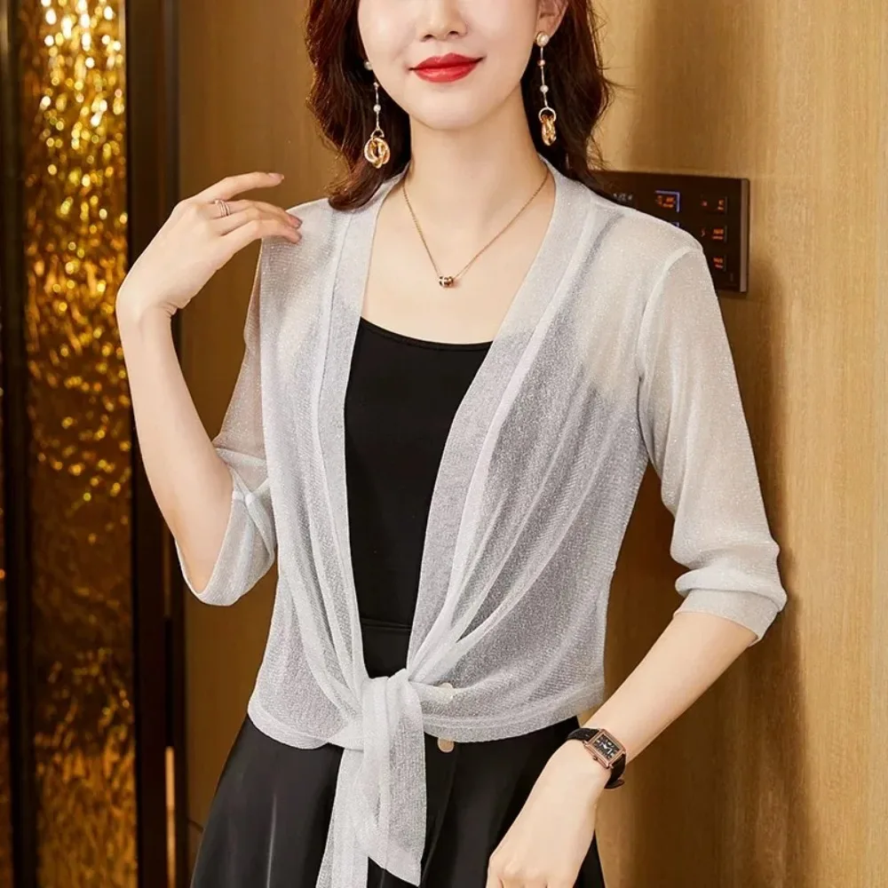 أزياء بريق التعادل حتى مفتوحة الجبهة تتغاضى شال السيدات اقتصاص الشاطئ الصيف ملابس الحماية من الشمس قميص تكييف الهواء