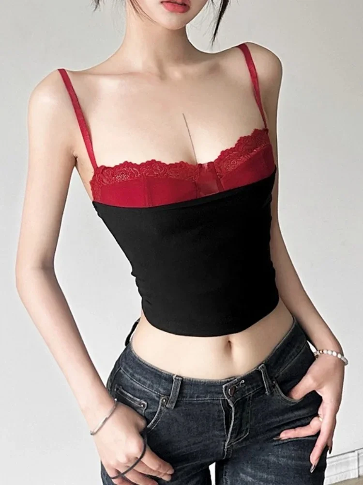 

Lace Suspenders Patchwork Crop Top Women Streetwear Backless Y2k Accessories Sleeveless Ropa De Mujer Slim Fit Camison Verano
