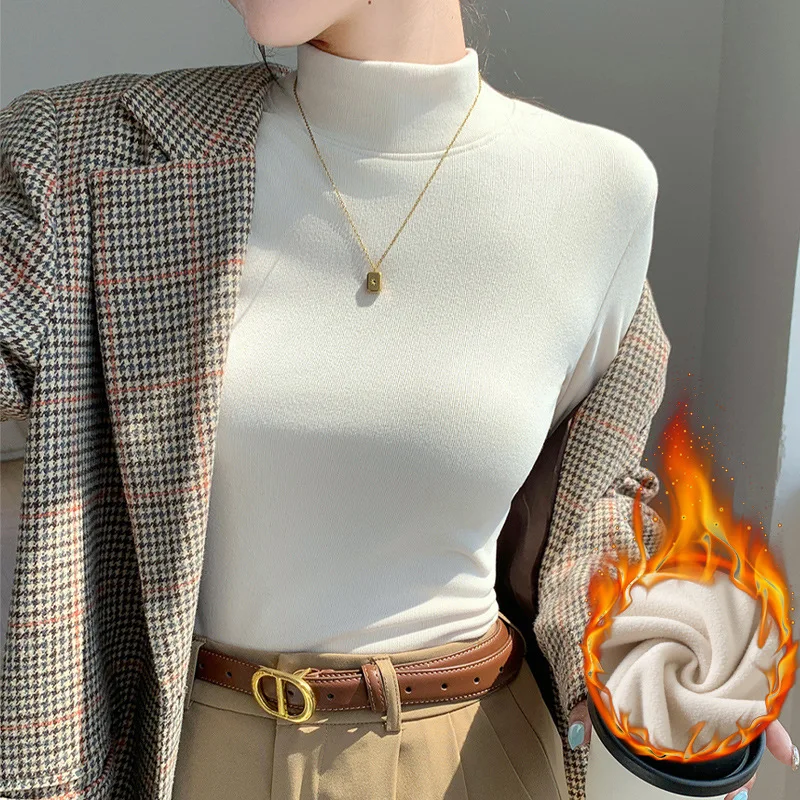 

Bottoming Shirt Women's Autumn and Winter Inner One-piece Fleece Fleece Thickened Slim-fitting Versatile Warm Long-sleeved Top