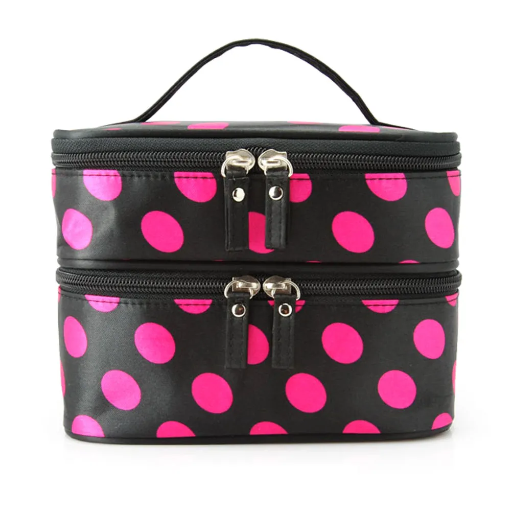 Polka Dots Pattern Women's Double-Layer Dual Zipper Bag Black Rosy Travel Makeup Organizer Toiletry Bag Handbag