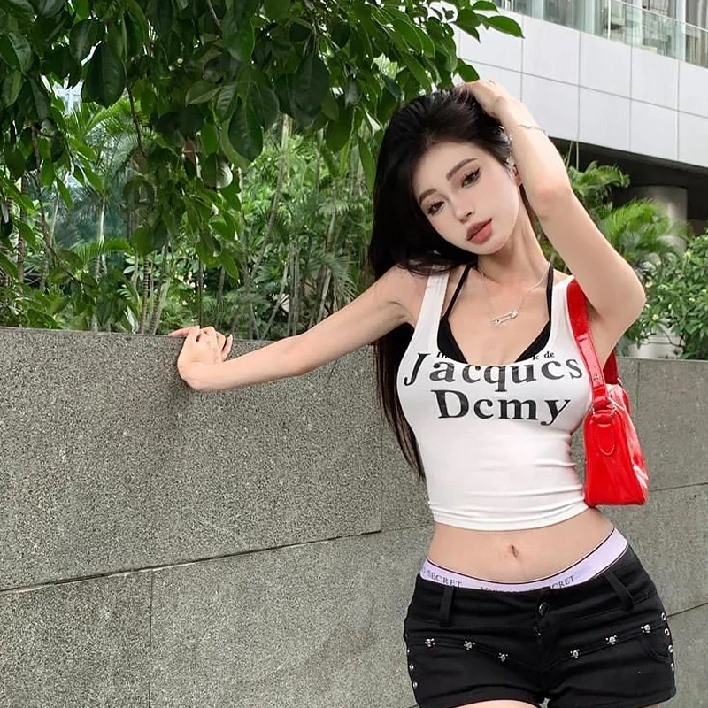 

Эластичный ретро сексуальный тонкий короткий жилет с буквенным принтом, комплект из двух предметов для женщин