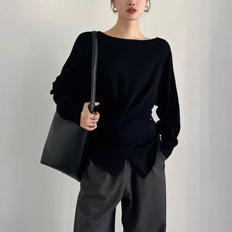 2025 スリットヘム ウエストシェイプ オーバーヘッド ポリエステル繊維 カジュアルスタイル フレンチスタイル ワンショルダー レディースニットウェア 秋