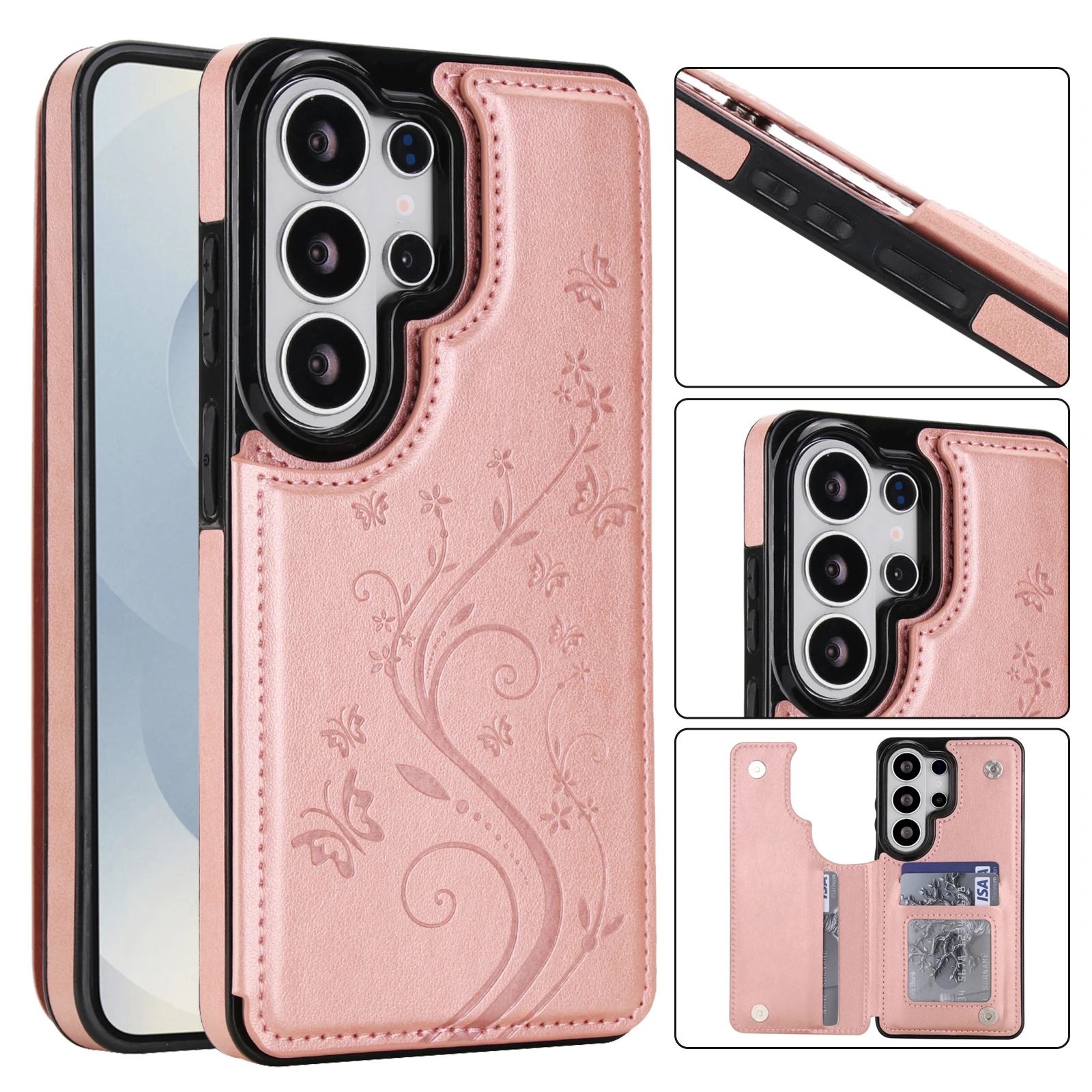 Shockproof Floral Leather Card Holder Wallet Case For Samsung Galaxy S26 Ultra S25 S24 A55 A56 A16, Flip Kickstand Cover Conque