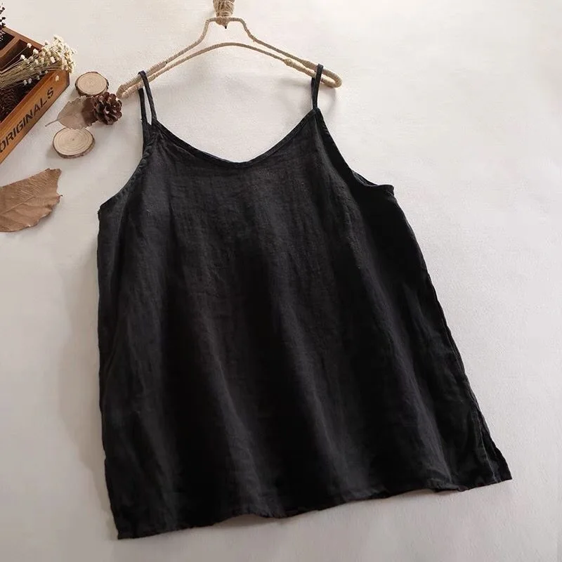 Camisole Vest Loose Thin Solid V-neck T-shirt Top Sleeveless Vintage Casual Holiday Women Clothing Simple 2024 Lady Trend Basic