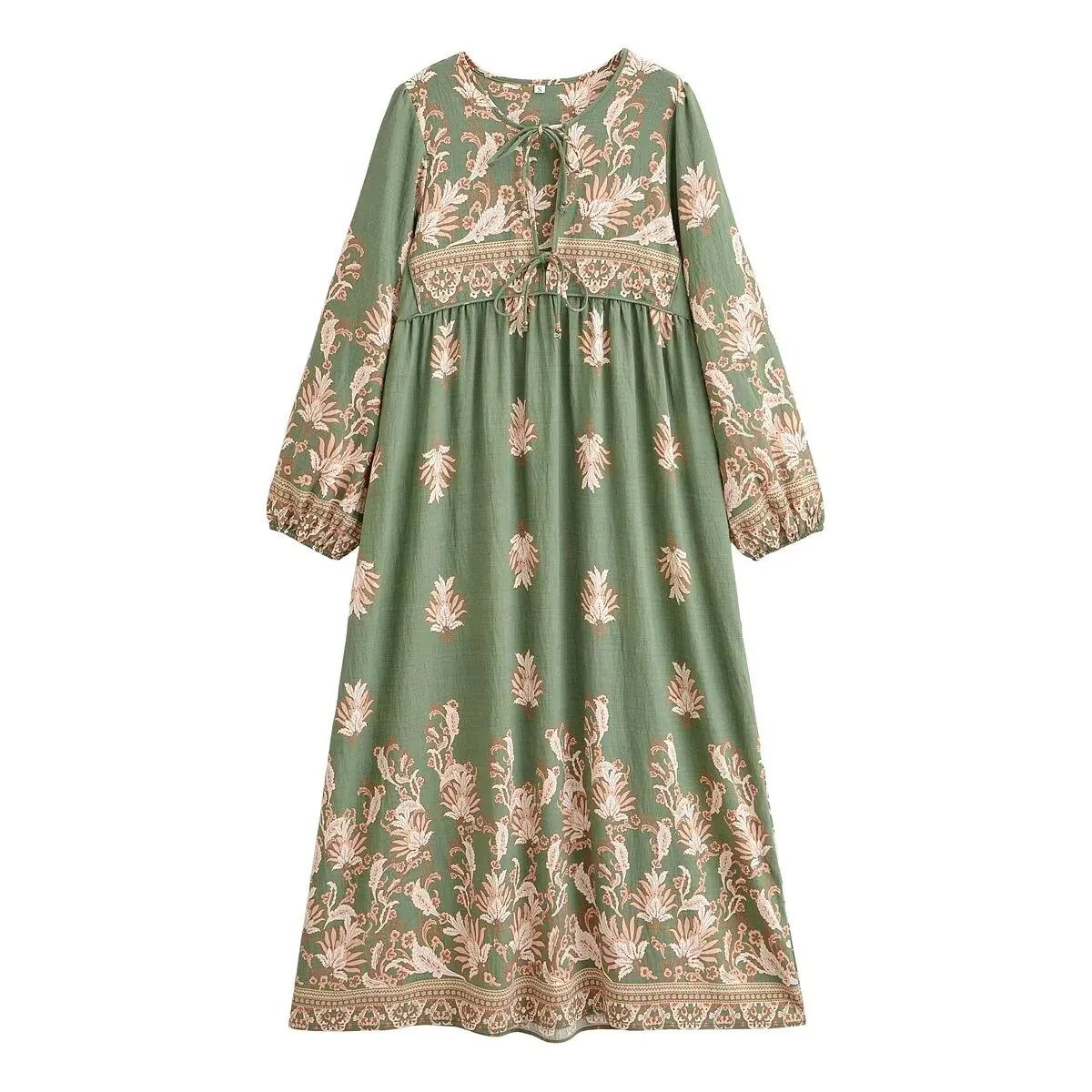 European and American 2026 new summer women's French retro holiday style positioning printed lace-up bohemian loose dress