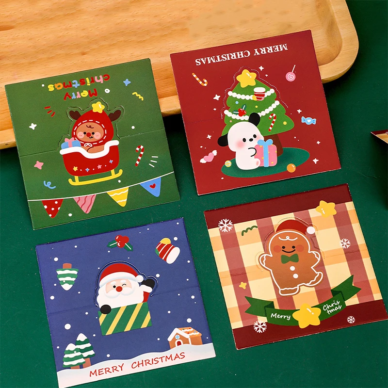 10Pcs Christmas Folding Cardboard Cute Cartoon Santa Claus Christmas Tree Gingerbread Man Card Paper Gifts Packaging Material