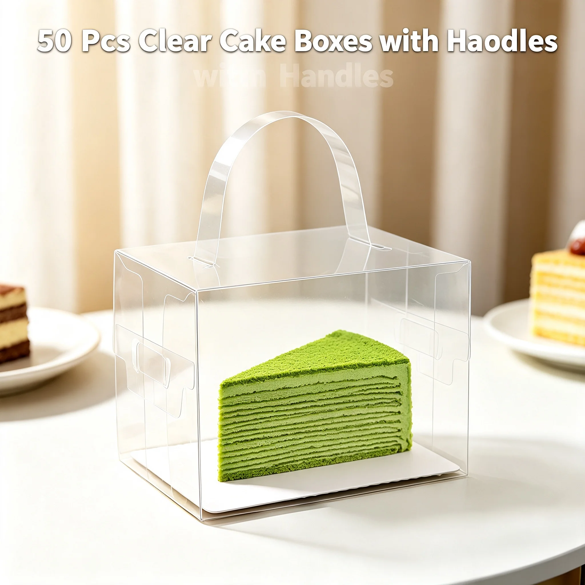 50 Pcs Clear Cake Boxes with Handles, PET Cupcake Carrier with Base Boards, Disposable Bakery Containers for Wedding Birthday Party, 4.7x3.9x3.1in